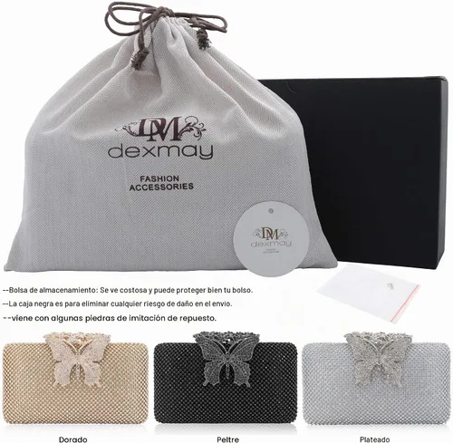 Vista 7 de Dexmay - Bolso de mano con diamantes de imitación y cierre de mariposa de cristal, bolso de noche para mujer, bolso formal para fiesta Ab dorado.
