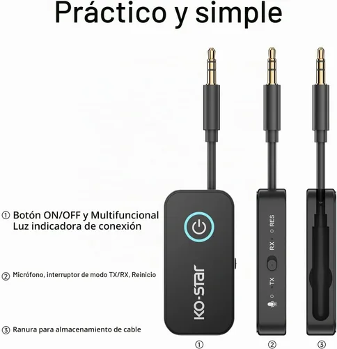 Vista 4 de Receptor transmisor Bluetooth 5.4, adaptador de audio inalámbrico 2 en 1 con doble enlace para 2 auriculares, conector auxiliar de 0.138 in para TV