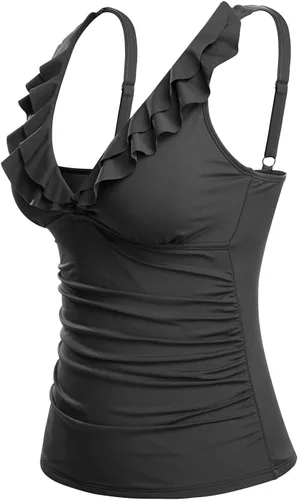 Vista 2 de Yonique Top tankini para mujer, con control de abdomen, con volantes, cuello en V, sin parte inferior