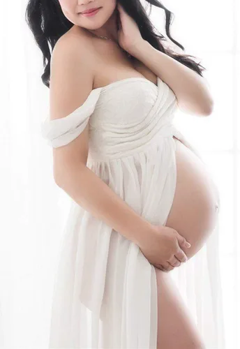 Vista 3 de ZIUMUDY Vestido de gasa de maternidad con hombros descubiertos para sesión de fotos, vestido largo de encaje frontal dividido para fotografía