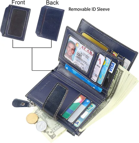 Vista 2 de Lavemi Pequeña cartera compacta para mujer, con bloqueo RFID, de piel auténtica, plegable, con ventanas de identificación