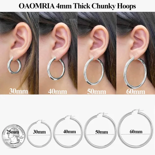 Vista 3 de Aretes de aro de plata de ley de 0.157 in de grosor para mujer, aretes de aro grandes y gruesos, aretes de aro ligeros de tubo hueco grandes