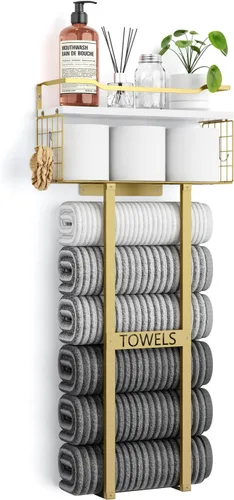 Vista 9 de Aetyord Toallero para Baño de 31 Pulgadas Montado en Pared, Estante Flotante con Tablero de Madera, Almacenamiento de Toallas para Baño que Puede