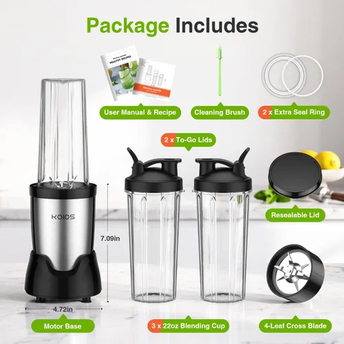 Vista 9 de KOIOS Licuadora para Batidos, Licuadora Personal para Batidos y Smoothies con 3 * 22oz Vasos Para Llevar, Batidora de Smoothies de 22000 RPM