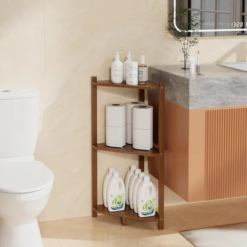Vista 13 de Wisuce Estante esquinero, estantes esquineros de bambú 100% real, estante organizador de almacenamiento para baño, sala de estar, cocina