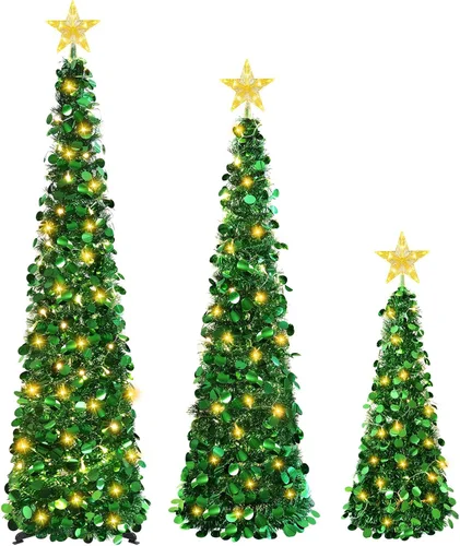 Vista 26 de MACTING Árbol de Navidad desplegable con 50 luces LED con temporizador, 5 pies, árbol de lápiz de oropel plegable de fácil montaje, árbol artificial