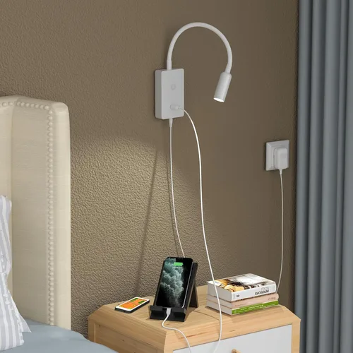 Vista 3 de Luz LED de lectura de cabecera montada en la pared con control remoto inalámbrico, lámpara LED flexible blanca de pared para dormitorio, iluminación