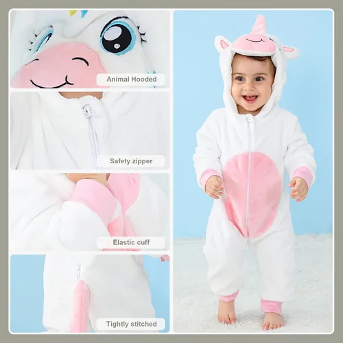 Vista 2 de Mameluco con capucha de animales para bebés de franela para invierno, Halloween y cosplay