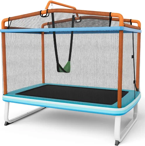 Vista 9 de Giantex - Cama elástica de 6 pies rectangular con columpio, cama elástica mini para niños aprobada por ASTM con red, barra horizontal, cierres