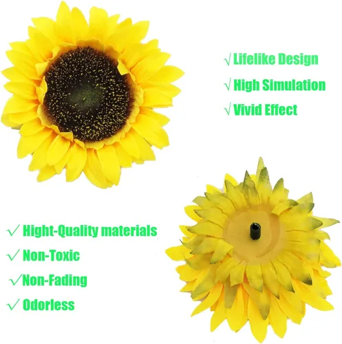 Vista 3 de Flores artificiales, 30 cabezas de girasol de seda de 4.3 pulgadas de ancho, girasol falso de aspecto real para pasteles, flores, centros de mesa