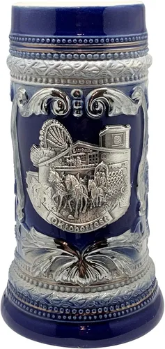 Vista 6 de OktoberfestHaus Oktoberfest Stein Bier Krug - Jarra de cerámica negra de carbón con medallón de metal de caballos de tiro alemanes y Wagon