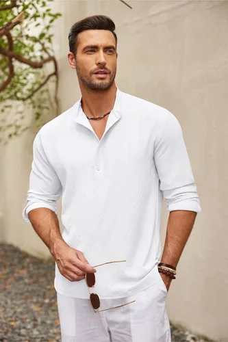 Vista 4 de COOFANDY Camisetas casuales Henley de manga larga para hombre, camisetas hippie de playa, camisetas de yoga y verano