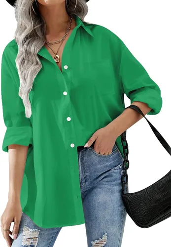 Vista 14 de HOTOUCH Camisas de gran tamaño con botones para mujer, blusa de hombro caída para oficina, de manga larga, estilo novio, camisa de vestir