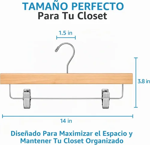 Vista 3 de ZOBER Perchas de madera para pantalones con clips, perchas para ropa Natural - Paquete de 10