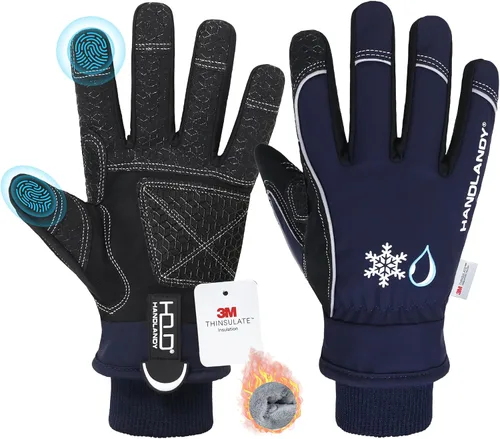 Vista 9 de Guantes de trabajo con aislamiento impermeable, guantes térmicos de invierno para hombres y mujeres, compatible con pantalla táctil, guantes de Azul