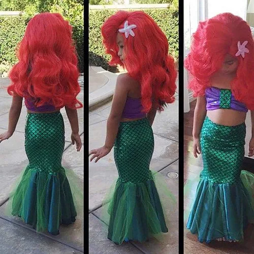 Vista 3 de 2PCS Toddler Kids Baby Girl Mermaid Tail Bikini Set, Wrap Chest Top + Fishtail Skirt Cover-Ups Dress Swimwear