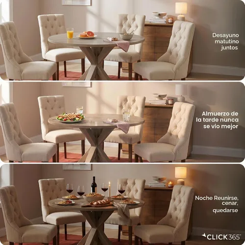 Vista 6 de Mesa de comedor redonda Serta Alfred de madera maciza rústica para decoración de cocina estilo granja, base de pedestal en forma de trébede de beige