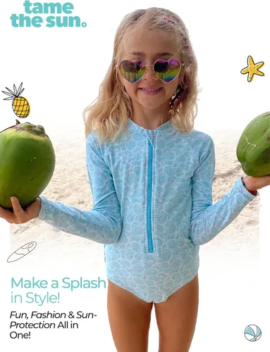 Vista 5 de Tame the Sun Traje de baño de manga larga para niña, con volantes, UPF 50+ con cremallera, traje de baño para edades de 3 a 12 años