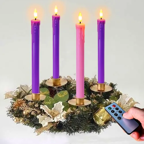 Vista 6 de Juego de 4 Luces de Velas LED de Navidad, Velas Cónicas que Funcionan con Batería para Corona de Adviento, 3 Moradas 1 Rosa Velas de Cera Sin Llama
