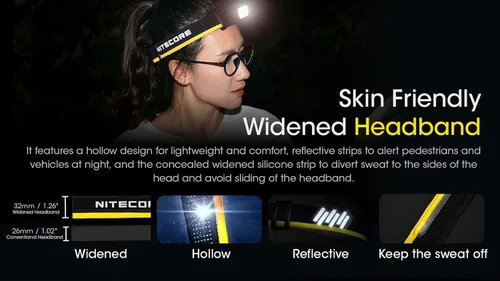 Vista 6 de Nitecore NU43 linterna recargable frontal, 1400 lúmenes USB-C brillante ligera para camping, correr o trabajar, con foco, luz roja, incluye pegatina