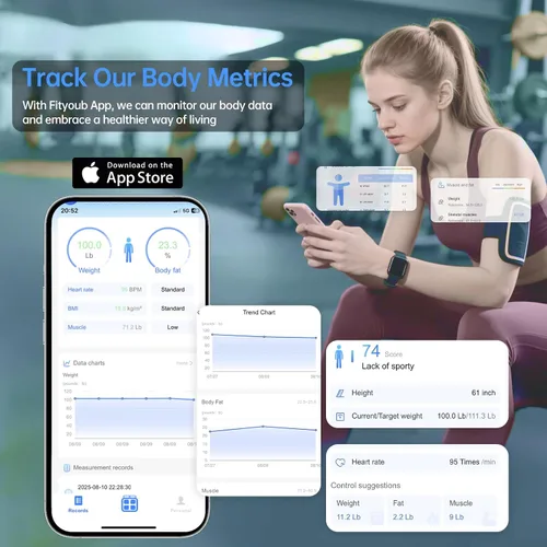 Vista 5 de Báscula inteligente para peso corporal, báscula digital de baño de 8 electrodos con IMC, grasa corporal, masa muscular, 28 mediciones de composición