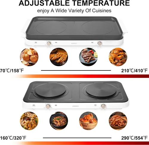 Vista 3 de AEWHALE Quemadores dobles para encimera con sartén extraíble antiadherente, placa caliente eléctrica de 1800 W, temperatura ajustable