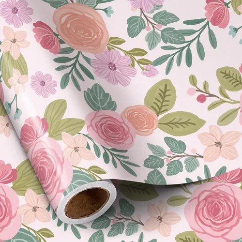 Vista 11 de RUSPEPA Papel de regalo reversible floral para niñas y mujeres, mini rollo, acuarela azul floral y azul sólido papel de regalo para cumpleaños