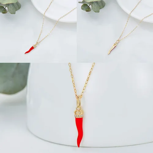 Vista 2 de WSX Collar de cuerno italiano de Cornicello de oro amarillo de 14 quilates para mujer con dije de pimienta trenzada, ideal para regalo para ella