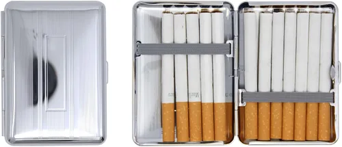 Vista 10 de Juego de 2 cajas de cigarrillos compactas chapadas en metal tamaño King con bandas elásticas (oro ovalado)