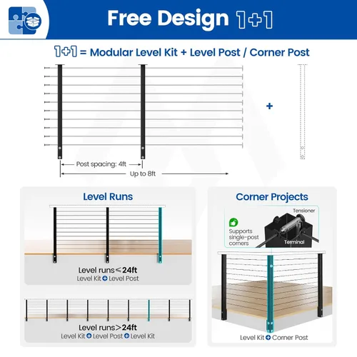 Vista 3 de Muzata Kit de barandilla de cable modular negro de 4 a 8 pies, kit de poste de 2 niveles de 36 pulgadas, sistema completo de barandilla de cable