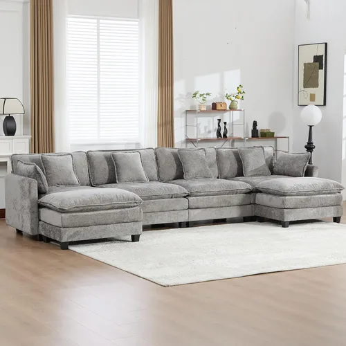 Vista 136 de Sofá seccional modular verde de 111.5", sofás seccionales grandes de 3 plazas para sala de estar, sofá nube oversized de tela chenille con otomana