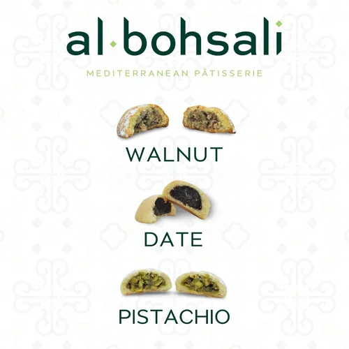 Vista 6 de Al Bohsali Maamoul Galletas de mantequilla rellenas de pistacho, nuez y dátiles, 24 piezas (8 de cada una)