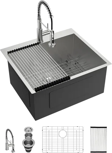 Vista 13 de Lordear - Fregadero de barra – Fregadero de barra dorado de 13 x 15 pulgadas con grifo dispensador de jabón, estación de trabajo, calibre 16 T304
