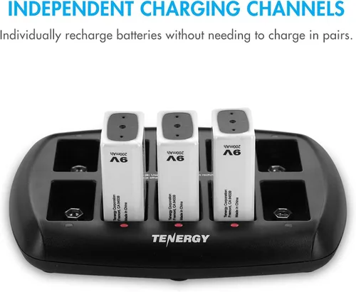 Vista 4 de Tenergy Baterías 9V 600mAh 10PCS Li-ion 9 voltios baterías recargables con 10 ranuras Li-ion 9V cargador de batería para alarma de humo/detector