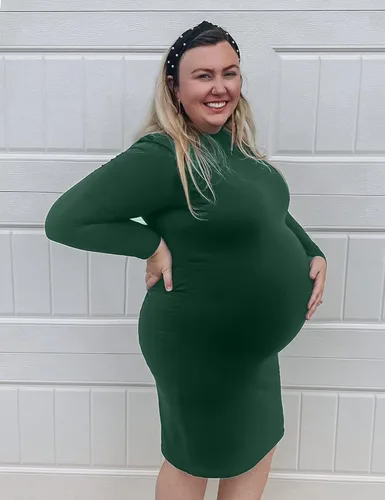 Vista 2 de abkylie Vestido de maternidad de manga larga de cuello alto con fruncido laterallongitud a la rodilla, vestido de embarazo para otoño sesión