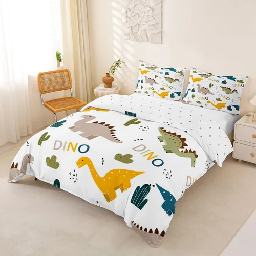 Vista 2 de Lindo juego de ropa de cama con dinosaurios, juego de funda de edredón con dibujos animados de cactus, funda de edredón decorativa, funda de edredón