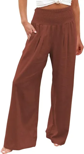 Vista 36 de SHAOBGE Pantalones palazzo de verano para mujer, cintura alta, pierna ancha, casual, cintura elástica, pantalones de playa con bolsillos