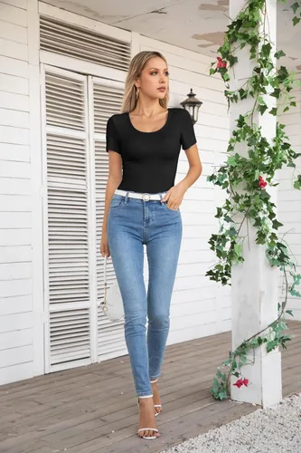 Vista 3 de VICHYIE Camisas de verano para mujer, cuello redondo, manga corta, acanaladas, ajustadas, casuales, básicas