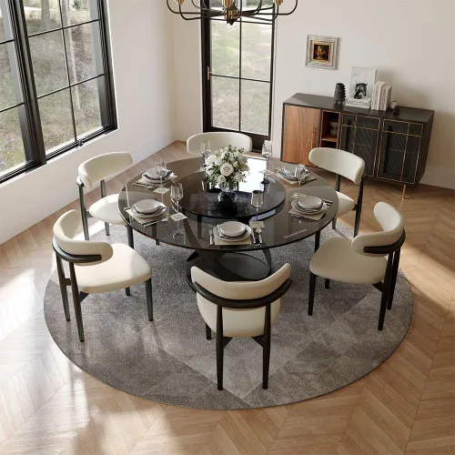 Vista 19 de POVISON Juego de 4 sillas de comedor redondas de lino y algodón con mesa de comedor de vidrio (mesa de comedor de 51 pulgadas + 4 sillas)
