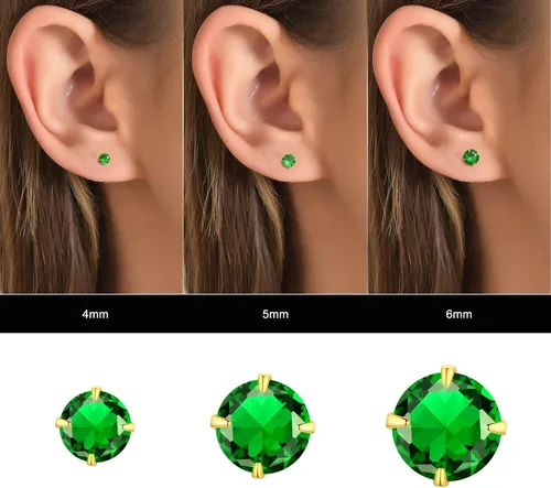 Vista 3 de Aretes de esmeralda chapados en oro amarillo o platino, plata de ley y circonita cúbica verde, aretes de tuerca para mujeres y niñas, joyería