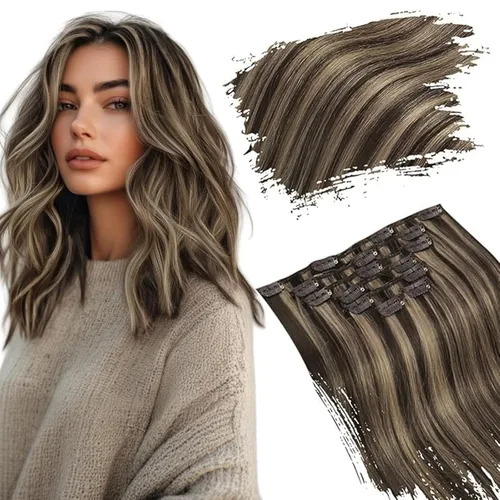 Vista 20 de Ugeat Extensiones de cabello humano con clip de 12 pulgadas, extensiones de cabello balayage con clip, marrón chocolate ombre, extensiones