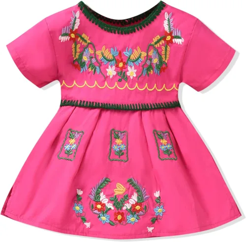 Vista 9 de Aalizzwell Vestido Bordado para Bebé Niña Pequeña Ropa Étnica Vestido de Verano de Manga Corta Negro