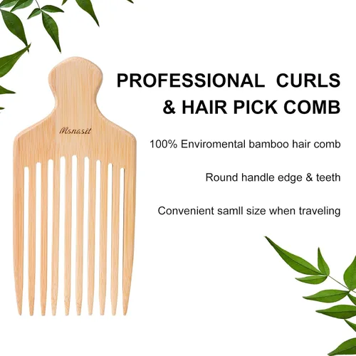 Vista 2 de Peine de bambú para cabello rizado, peine desenredante de dientes anchos de madera premium con mango ergonómico, volumen natural y herramienta