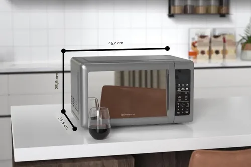 Vista 3 de Emerson MW7601SL Horno microondas para encimera con elegante puerta de vidrio con acabado espejo, 700 W, 10 niveles de potencia y 6 ajustes