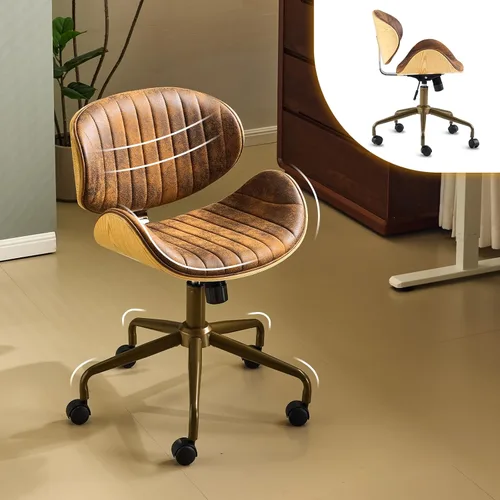 Vista 10 de VINGLI Silla giratoria de oficina en casa amplia y cómoda con carcasa curvada de grano de madera, silla de escritorio ergonómica acolchada sin negro