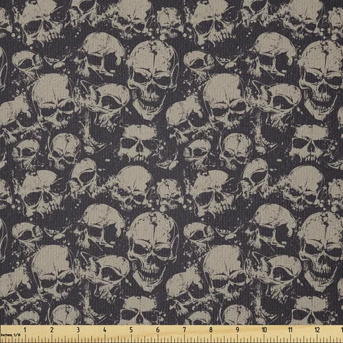 Vista 108 de Ambesonne The Yard, tela de calavera colorida con temática de Halloween, diseño de calavera y huesos cruzados, divertido estampado de dibujos