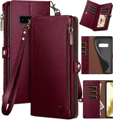 Vista 7 de XcaseBar Funda tipo cartera para Samsung Galaxy S10+/S10 Plus con cremallera y tarjetero de crédito con bloqueo RFID, funda de piel sintética