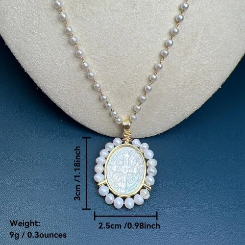 Vista 5 de Collar de medalla milagrosa con símbolo de crucifijo de cruz de nácar,Collar de fe religiosa para mujer, forma de medalla ovalada