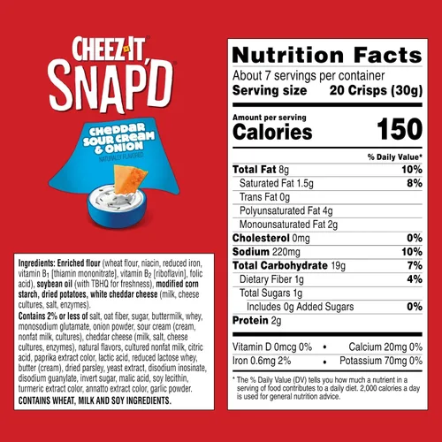 Vista 2 de Cheez-It Snap'd Chips de Galletas de Queso, Crujientes Delgadas, Aperitivos para el Almuerzo, Cheddar Crema Agria y Cebolla, Caja de 45oz (6 Bolsas)