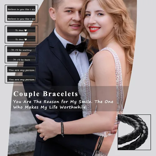 Vista 2 de Pulseras de pareja para mujeres, regalos para hombres, regalos de aniversario de nacimiento para novio, novia, joyería de Navidad de cuero grabada a